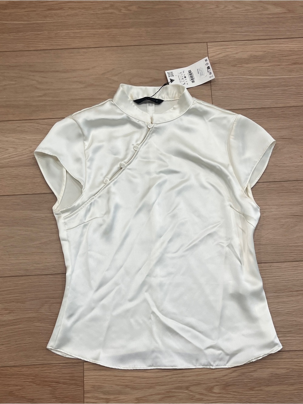 Zara White Satin Mandarin Collar Button Blouse NWT Women Large Minimalist